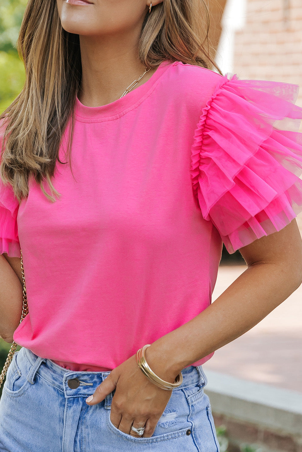 Pink Plain Round Neck Tulle Ruffle Sleeve Blouse Divine Design4U