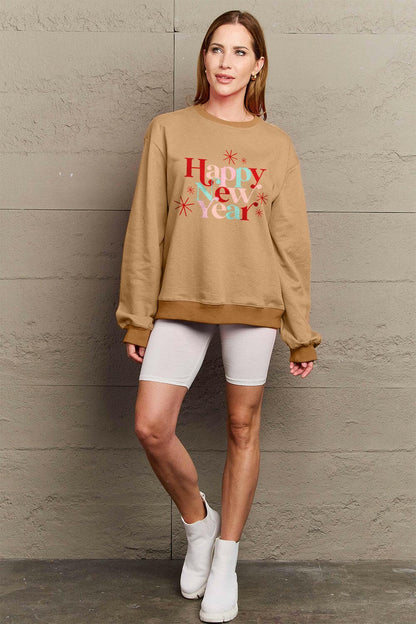 Simply Love Full Size HAPPY NEW YEAR Round Neck Sweatshirt.