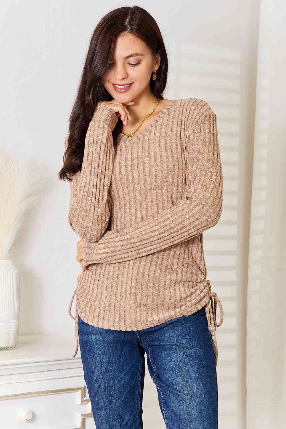 Double Take Drawstring Ribbed Long Sleeve T-Shirt - Love Salve