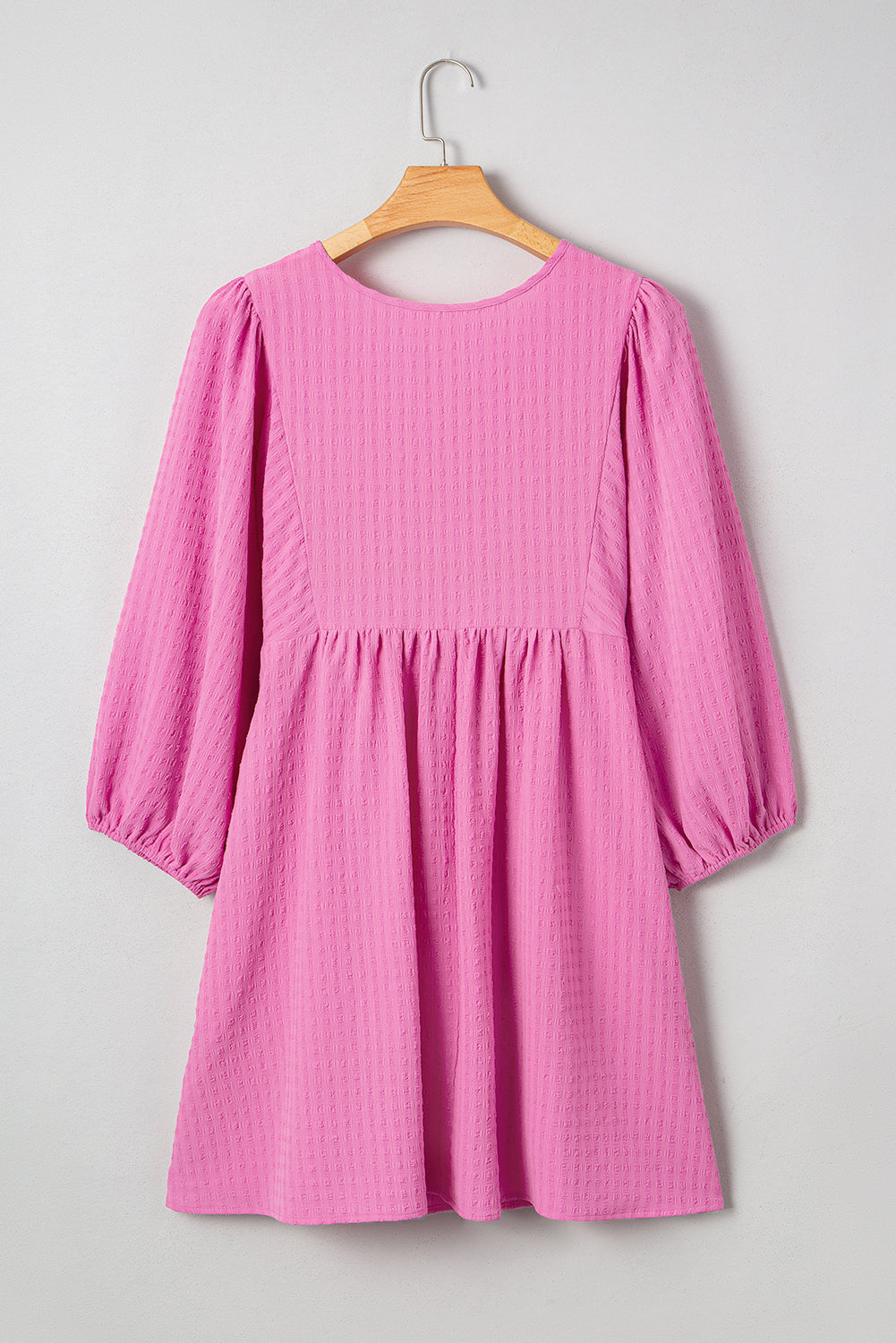 Premium Sachet Pink Plus Size Textured Tie Split Neck Puff Sleeve Flowy Mini Dress Dear-Lover Dropshipping