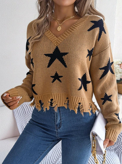 Star Pattern Distressed V-Neck Cropped Sweater.