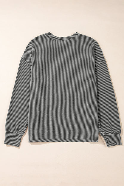 Game day ready: Dark grey corded graphic long sleeve crewneck top