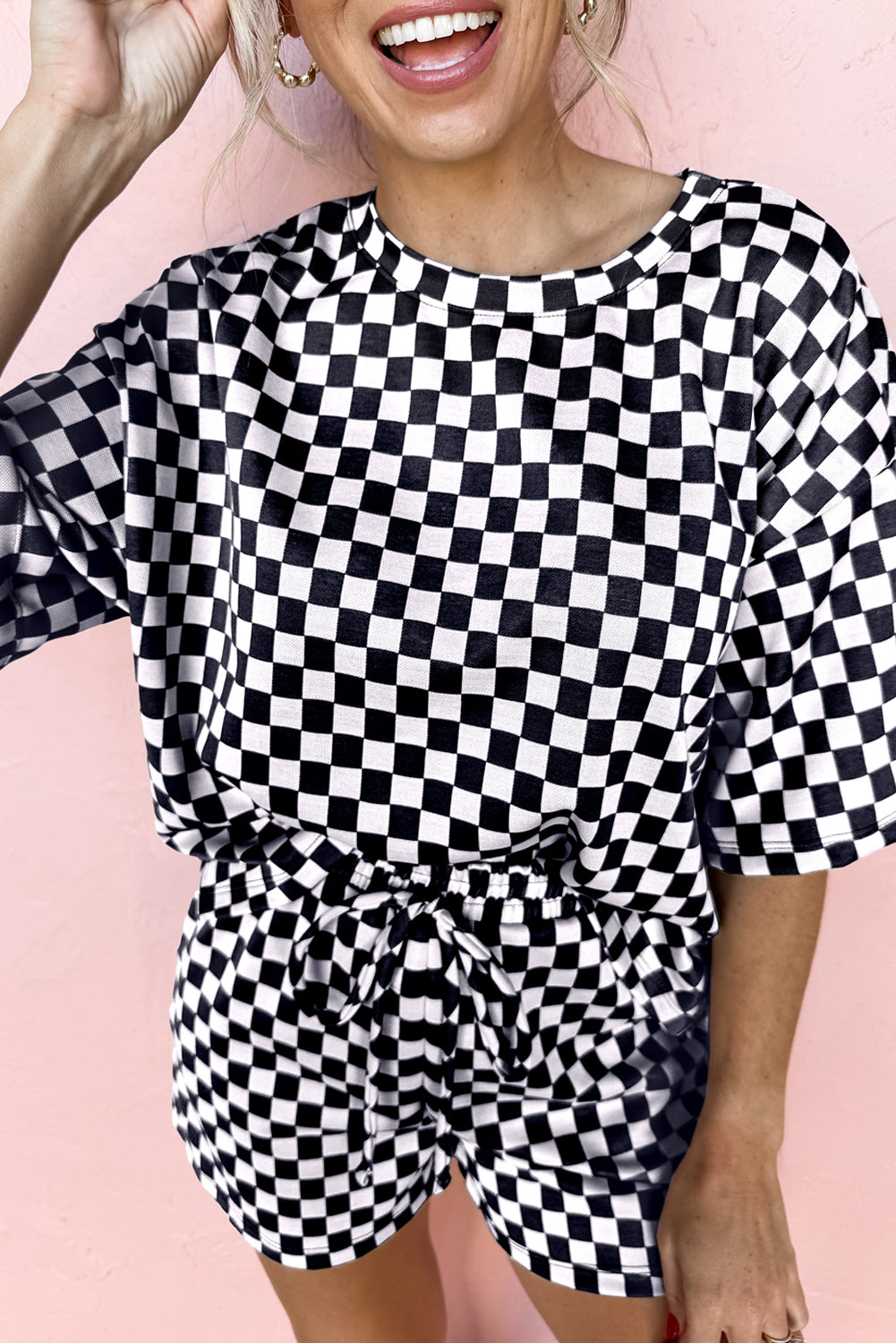 Black Checkered Top and Short Casual 2pcs Set for Women