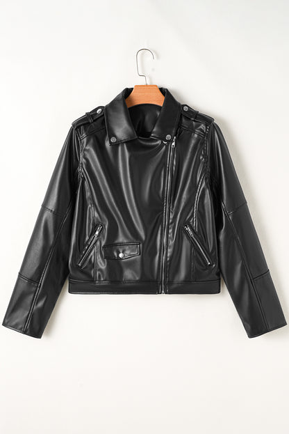 Chic black PU leather lapel collar motorcycle jacket