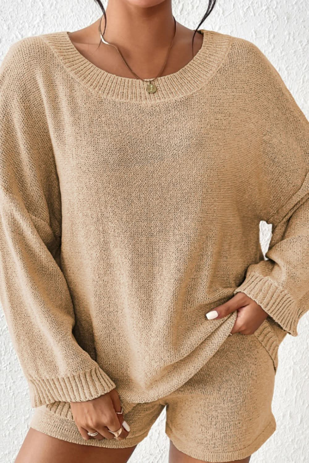 Cozy Round Neck Sweater Set with Drop Shoulder and Drawstring Shorts