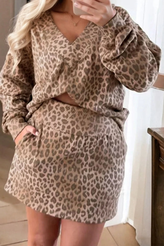 Leopard Print V Neck Pullover Mini Skirt Two Piece Set French Beige Dear-Lover Dropshipping
