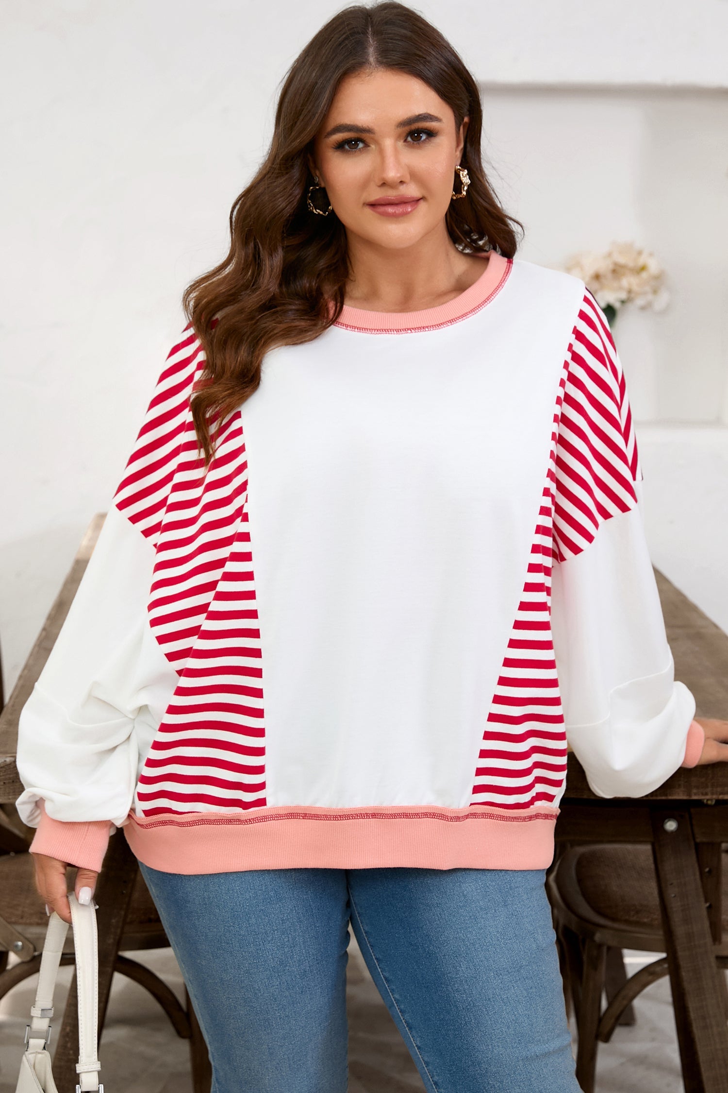Dear-Lover Stripe Patchwork Plus Size Women's Sweatshirt Casual Fall Style Dear-Lover Dropshipping