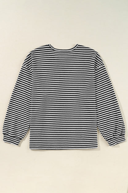 Chic black striped plus size drop shoulder long sleeve tee