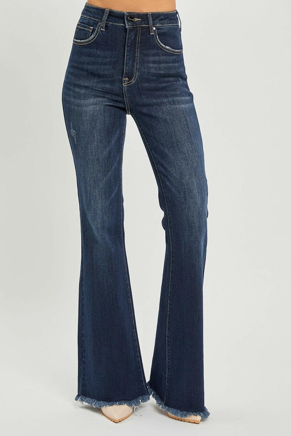 RISEN High Waist Raw Hem Flare Jeans.