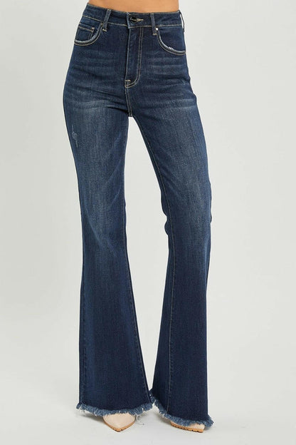 RISEN High Waist Raw Hem Flare Jeans.