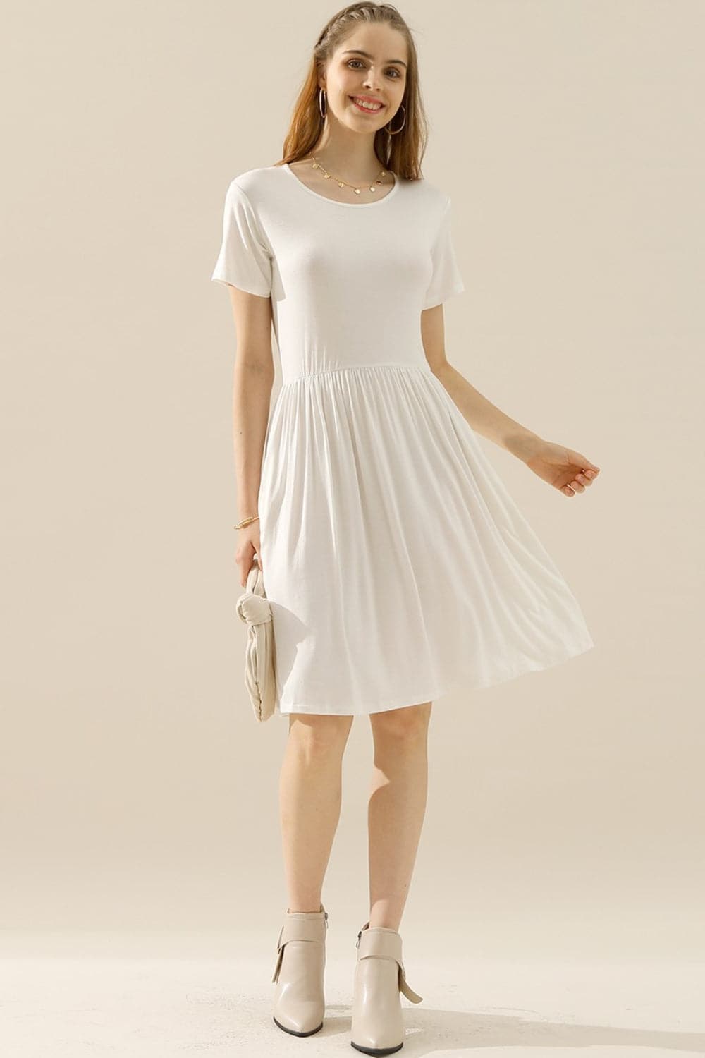 Ninexis Full Size Round Neck Ruched Dress with Pockets.