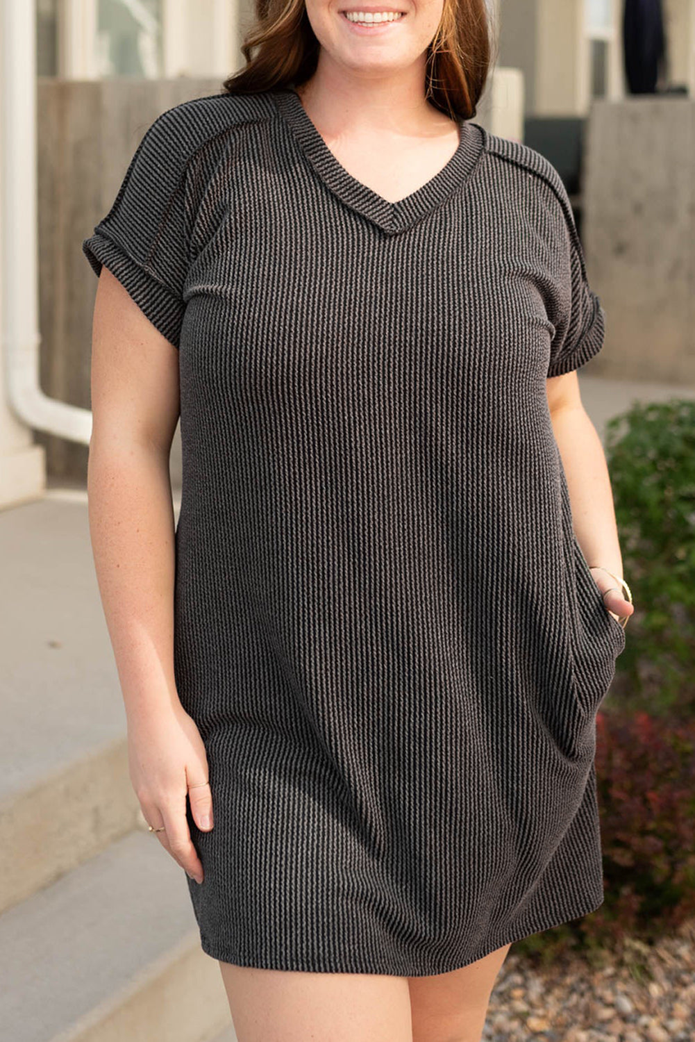 Carbon Grey Corded V Neck Plus Size T Shirt Dress With Pockets Dear-Lover Dropshipping