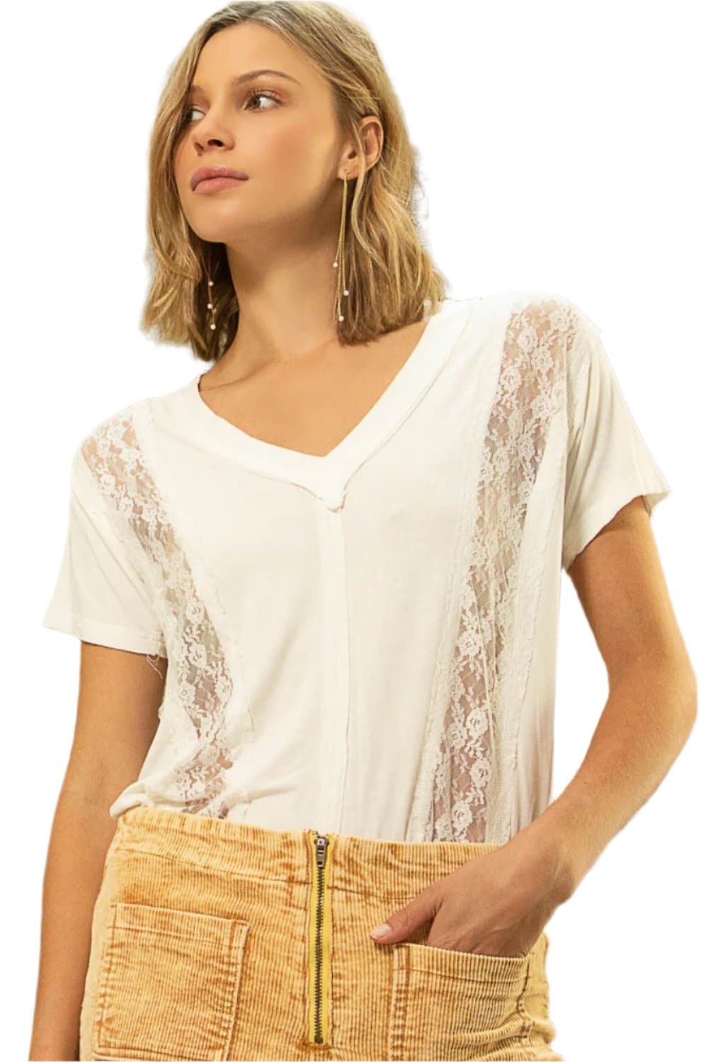 POL Inset Lace Outseam Detail Short Sleeve V-Neck T-Shirt.