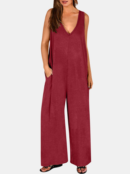 Full Size V-Neck Wide Strap Jumpsuit.