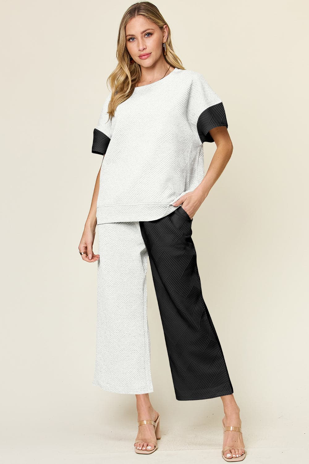 Double Take Full Size Texture Contrast T-Shirt and Wide Leg Pants Set.