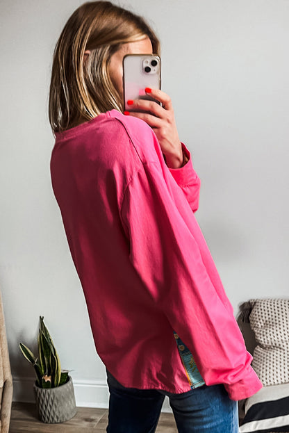 Strawberry Pink Floral Patchwork Hemline Round Neck Top