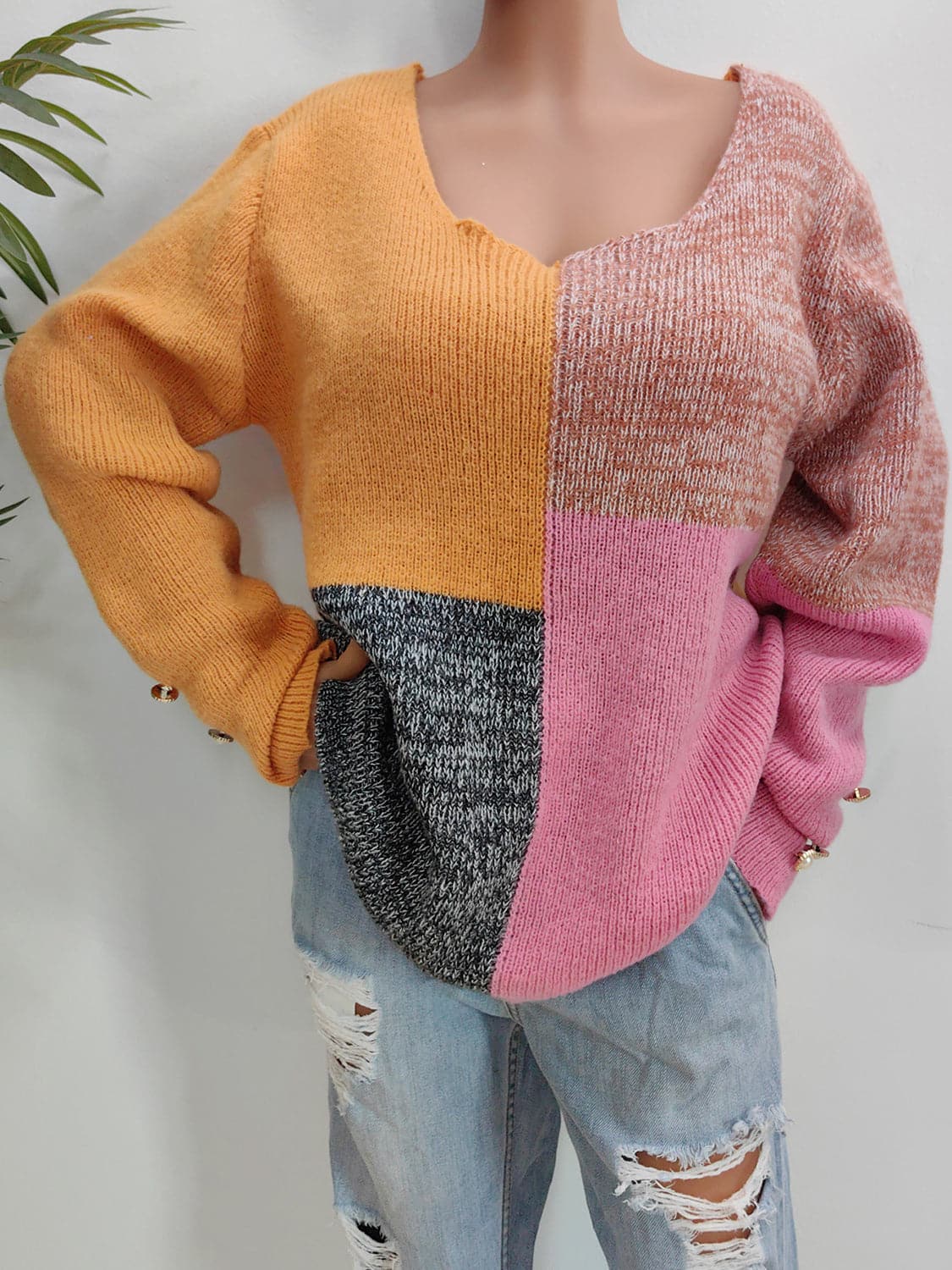 Color Block Decorative Button Long Sleeve Sweater.