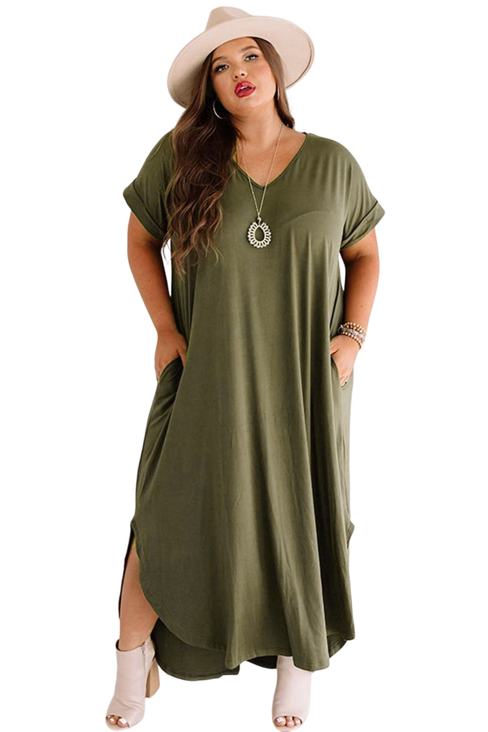 Vibrant Green Plus Size V-Neck Maxi Dress with Rolled Cuffs and Pockets