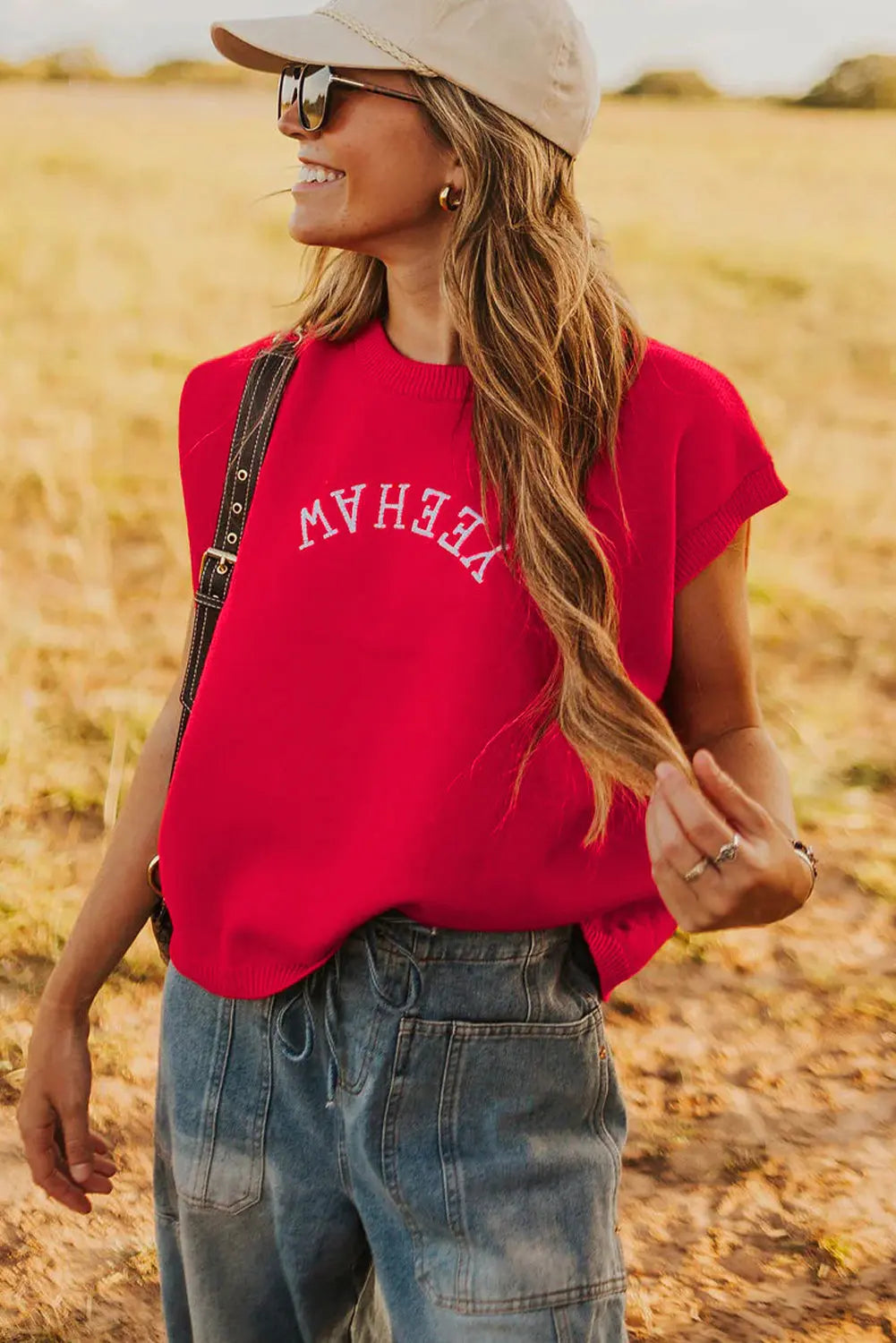 Fiery Red Embroidered Yeehaw Letter Loose Short Sleeve Sweater Dear-Lover Dropshipping