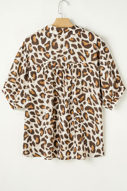 Khaki Plus Size V-Neck Leopard Print Button-Up Shirt