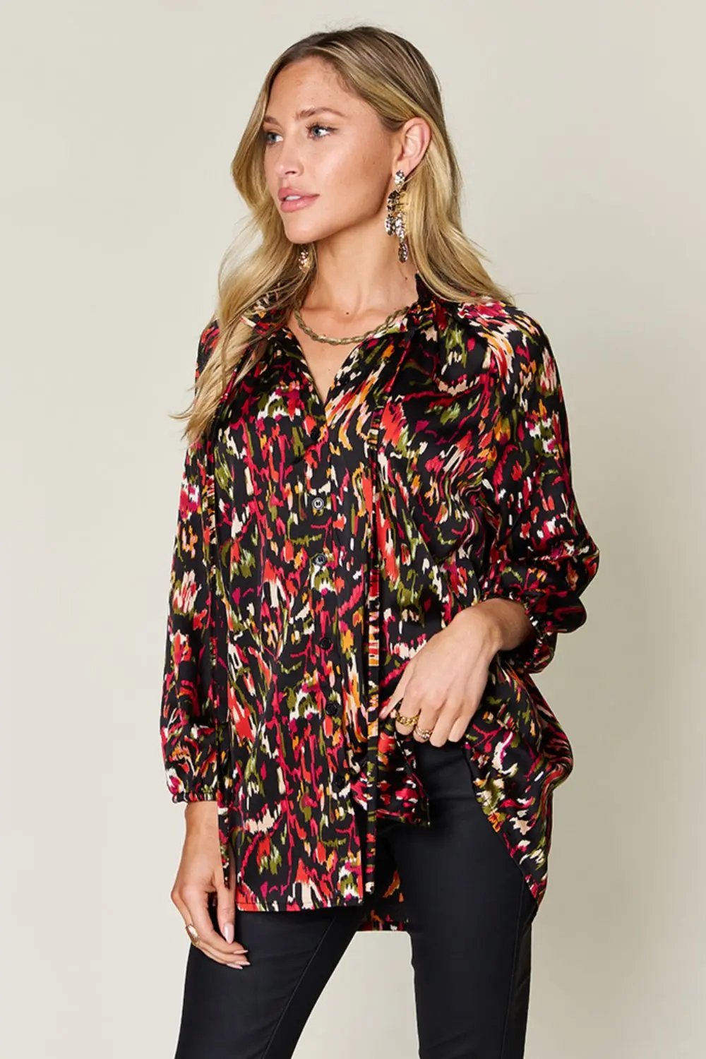 Double Take Full Size Printed Button Up Long Sleeve Shirt - Love Salve