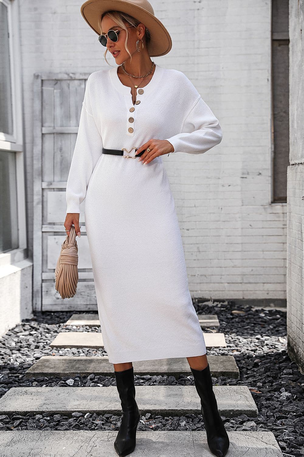 Notched Neck Dropped Shoulder Button-Down Midi Dress.