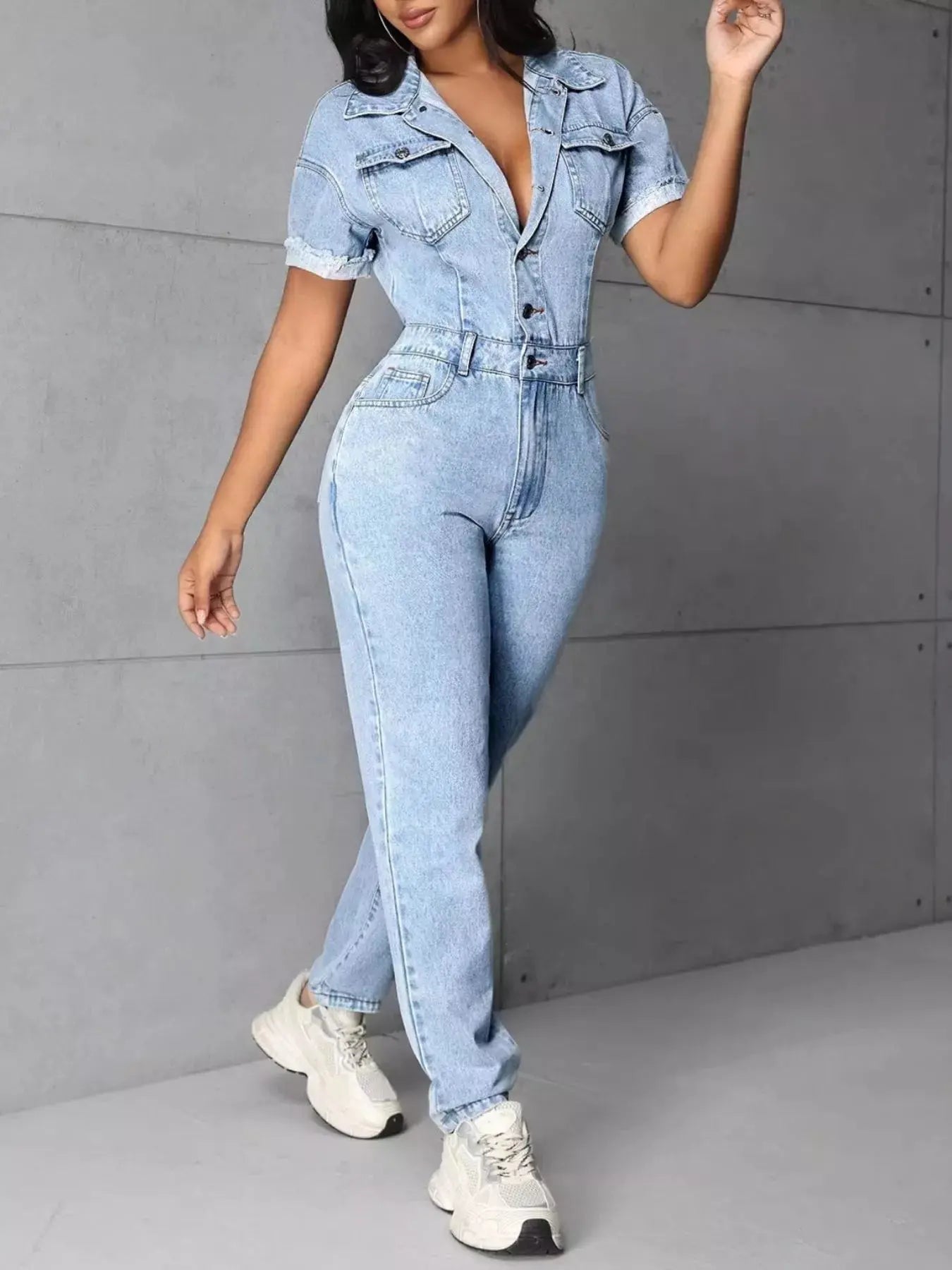 Button Front Short Sleeve Denim Jumpsuit Simply Love