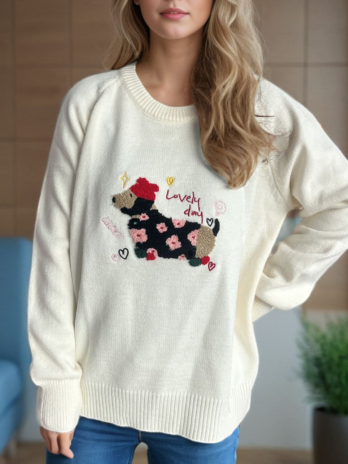 Puppy Round Neck Raglan Sleeve Sweater