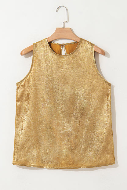 Gold Metal Textured Round Neck Casual Tank Top for Women