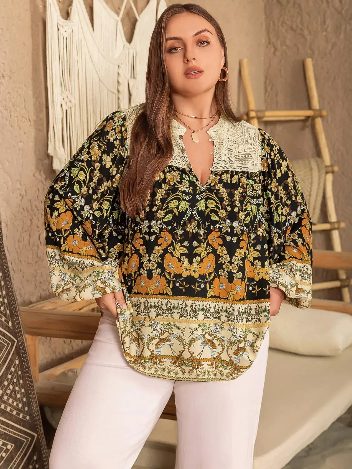 Plus Size Floral Print Notched Blouse Simply Love