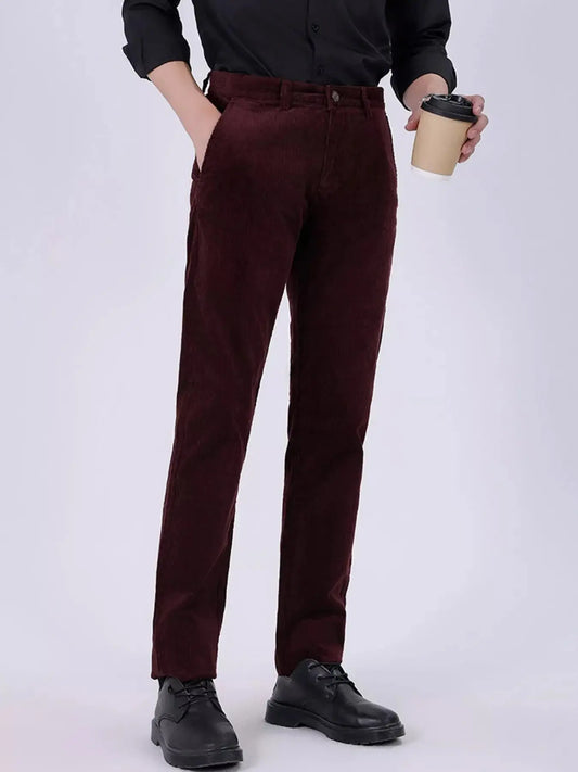Men's Burgundy Corduroy Slim Fit Pocketed Pants For Everyday Wear Simply Love
