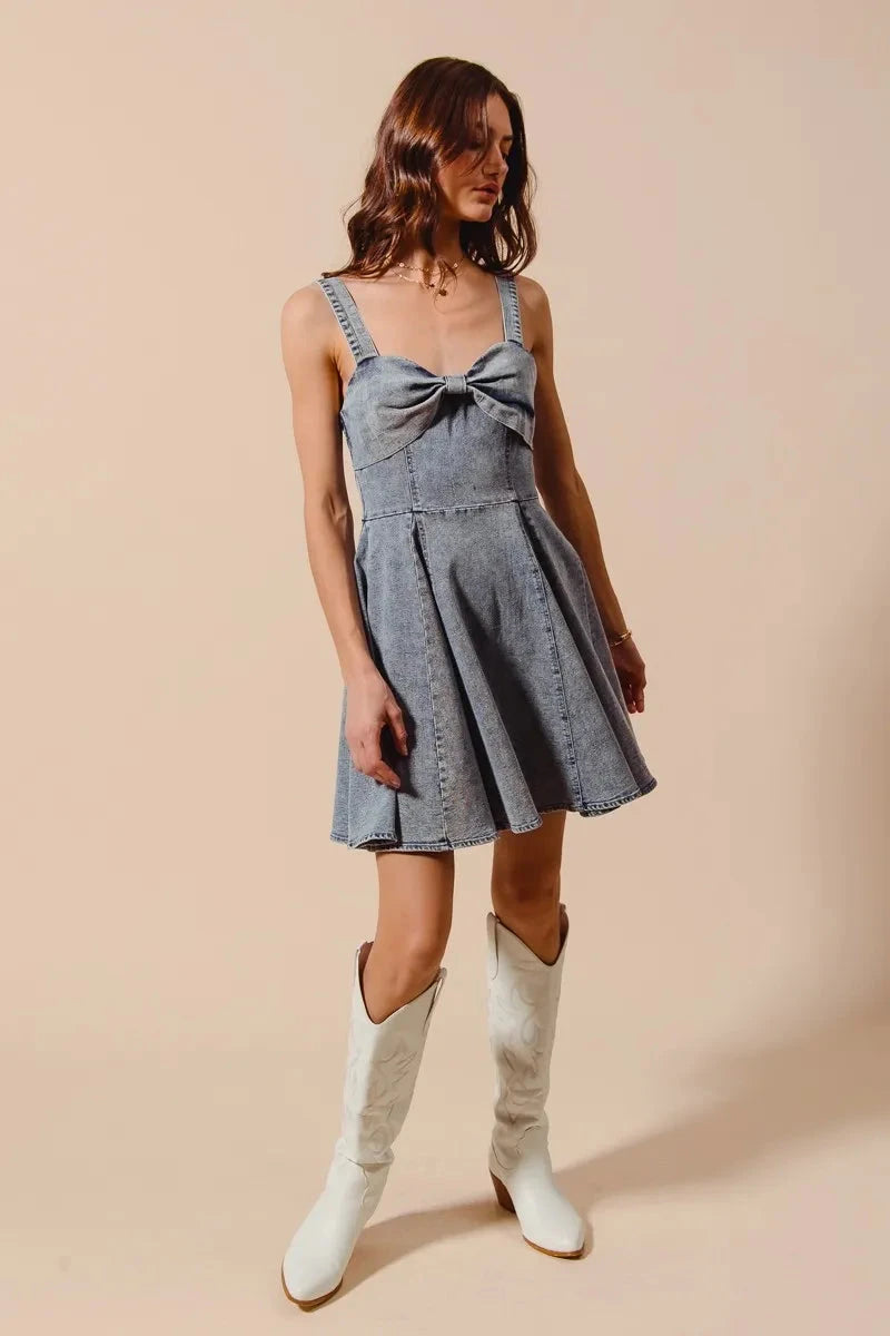 SO ME Mineral Washed Bow Ribbon Denim Flare Dress Coco’s Tee Boutique