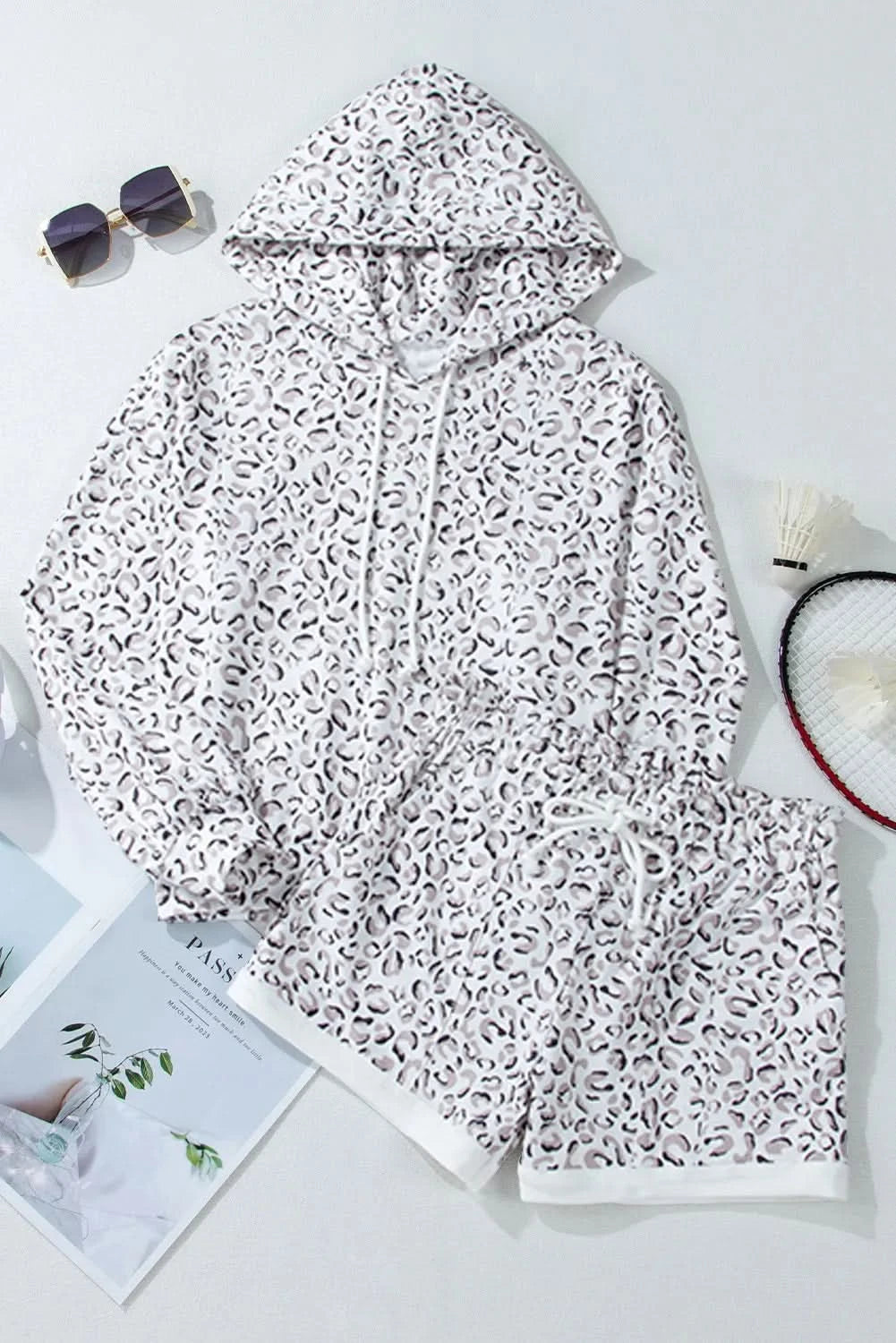 Leopard Print Drawstring Hoodie and Shorts Lounge Set