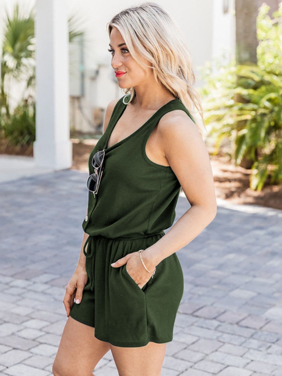 Scoop Neck Wide Strap Romper with Pockets.