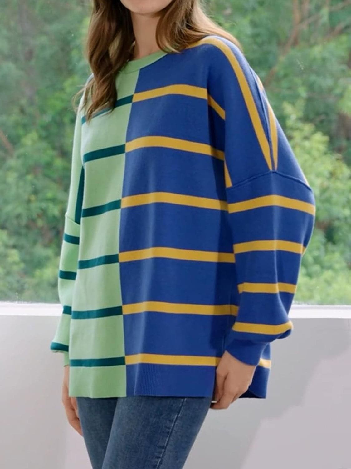 Striped Round Neck Long Sleeve Sweater.