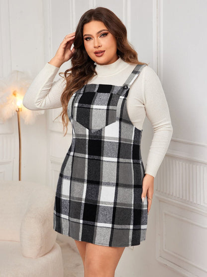 Plus Size Plaid Wide Strap Overall Dress.