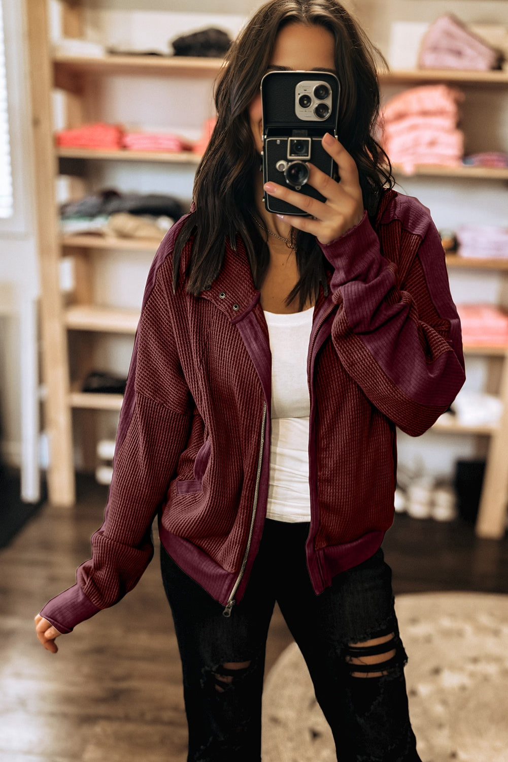 Burgundy Waffle Splicing Zip Up Hooded Jacket With Front Button Closure For Casual Outerwear Dear-Lover Dropshipping