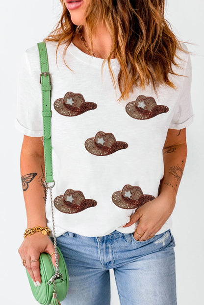 Sequin Hat Round Neck Short Sleeve T-Shirt.