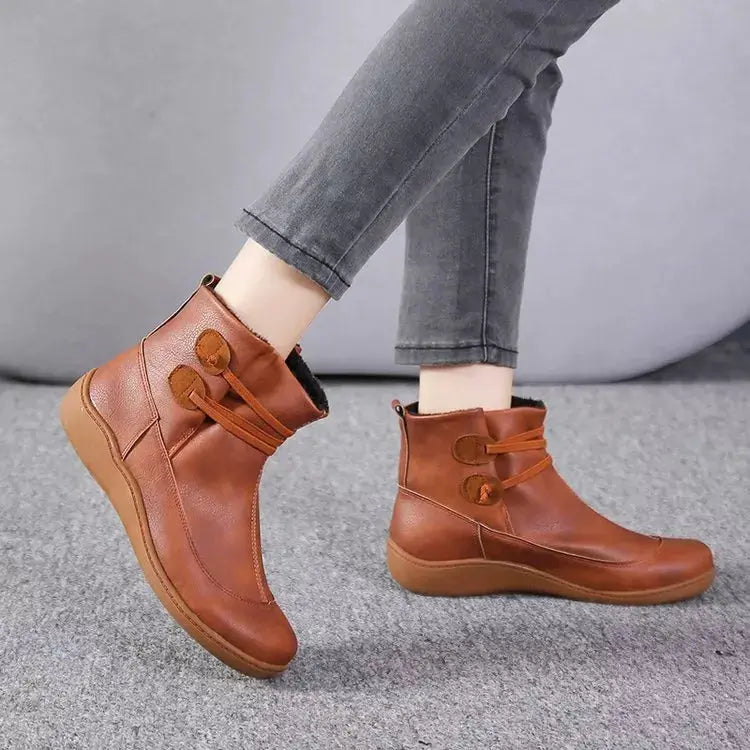 Women Button Detail Ankle Boots PU Leather Flat Heel Rubber Sole Simply Love