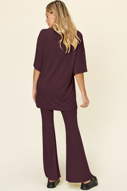 Double Take Full Size Round Neck Drop Shoulder T-Shirt and Flare Pants Set.