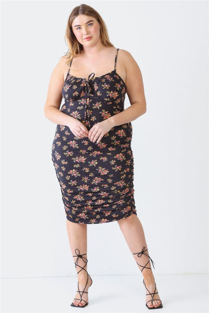 Blue Leopard Plus Size Ruched Floral Square Neck Cami Dress.