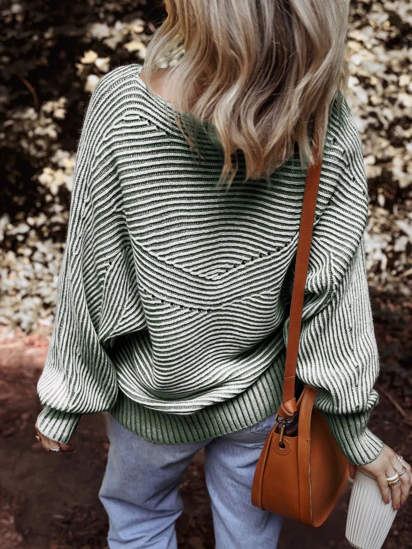 Striped Ribbed Knit Boat Neck Baggy Sweater Simply Love