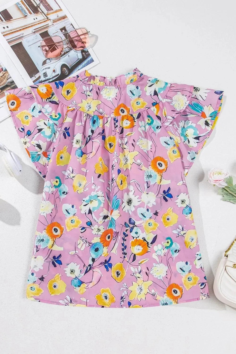 Printed Notched Double Layered Ruffle Sleeve Blouse Simply Love