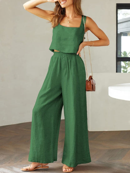 Square Neck Top and Wide Leg Pants Set.