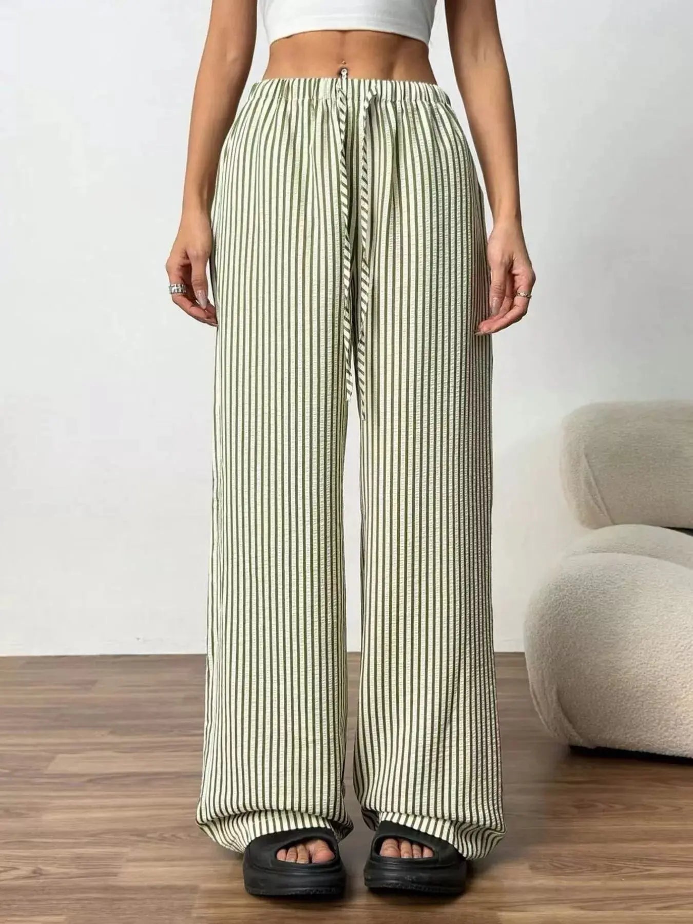 Full Size Striped Drawstring Waist Wide Leg Pants Plus Size Simply Love