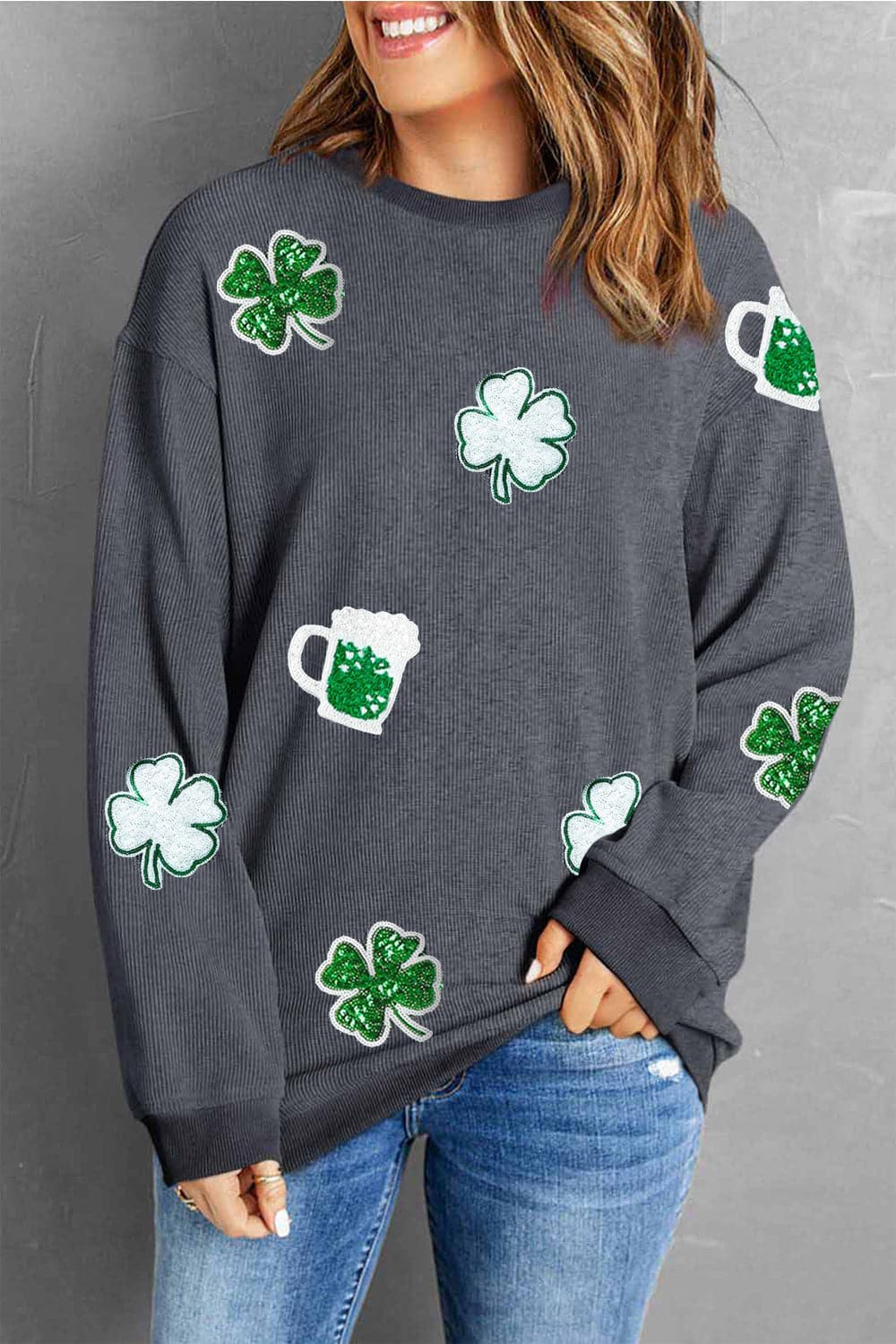 Lucky Clover Beer Sequin Round Neck Sweatshirt.