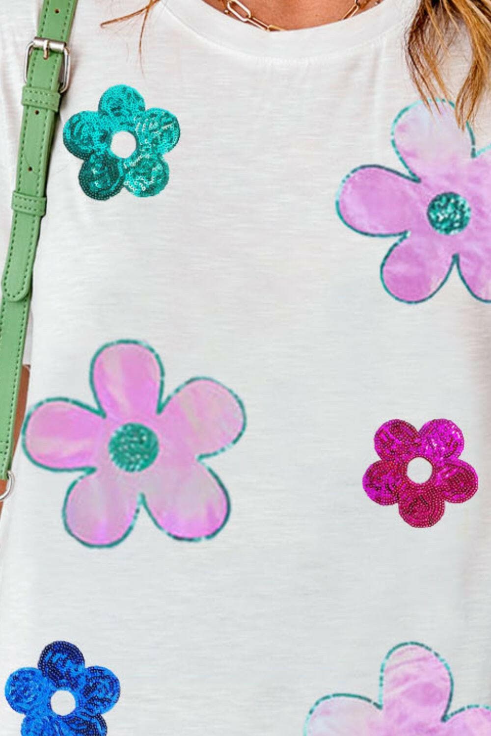 Flower Round Neck Short Sleeve T-Shirt.