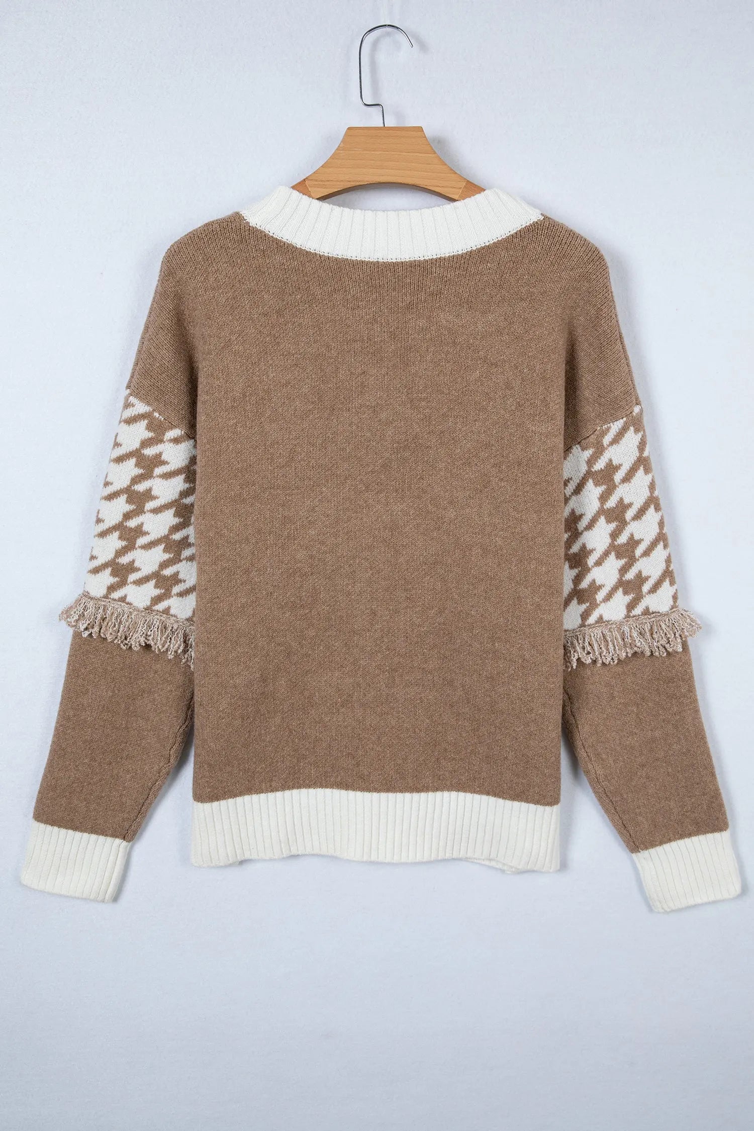 Khaki Houndstooth Color Block Cardigan Women V Neck With Raw Edge Front Button Dear-Lover Dropshipping