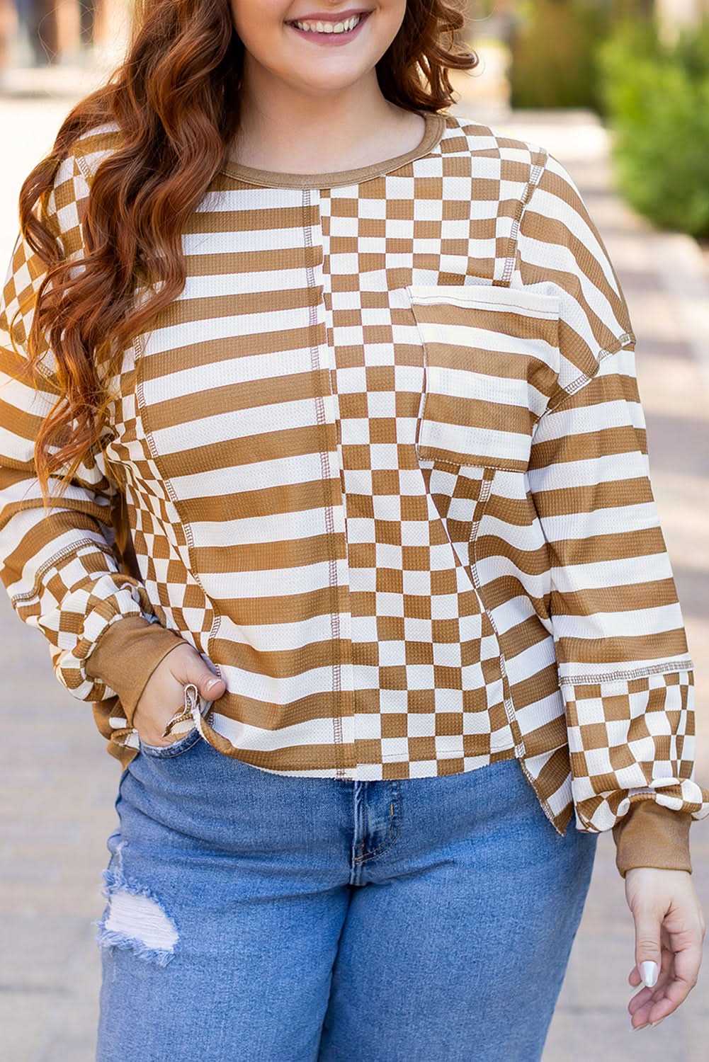 Chic plus size khaki mixed print top - Love Salve 