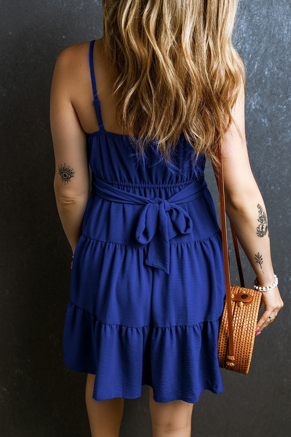 Ruched Tiered Spaghetti Strap Mini Dress.